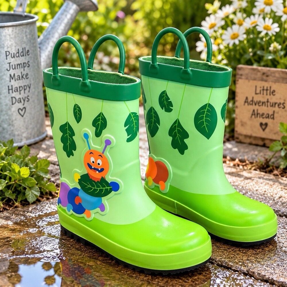 Cat & Jack Kids Waterproof Green Leaf Print Caterpillar Rain Boots Size 12 Bugs